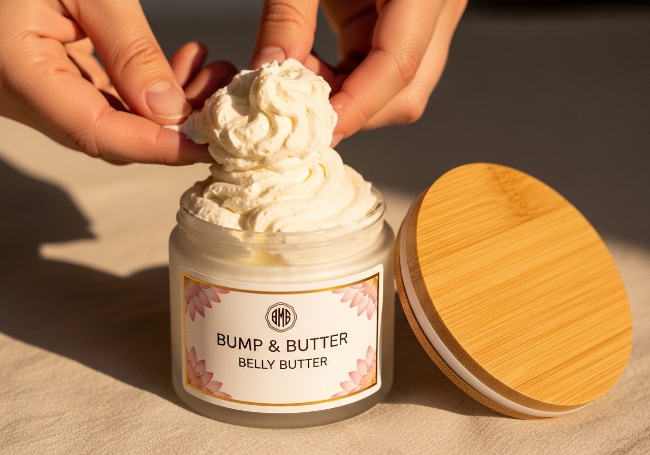 Hands scooping whipped Bump & Butter belly butter from an open jar