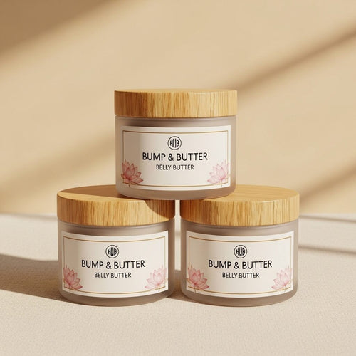 Three jars of Bump & Butter belly butter stacked in a pyramid